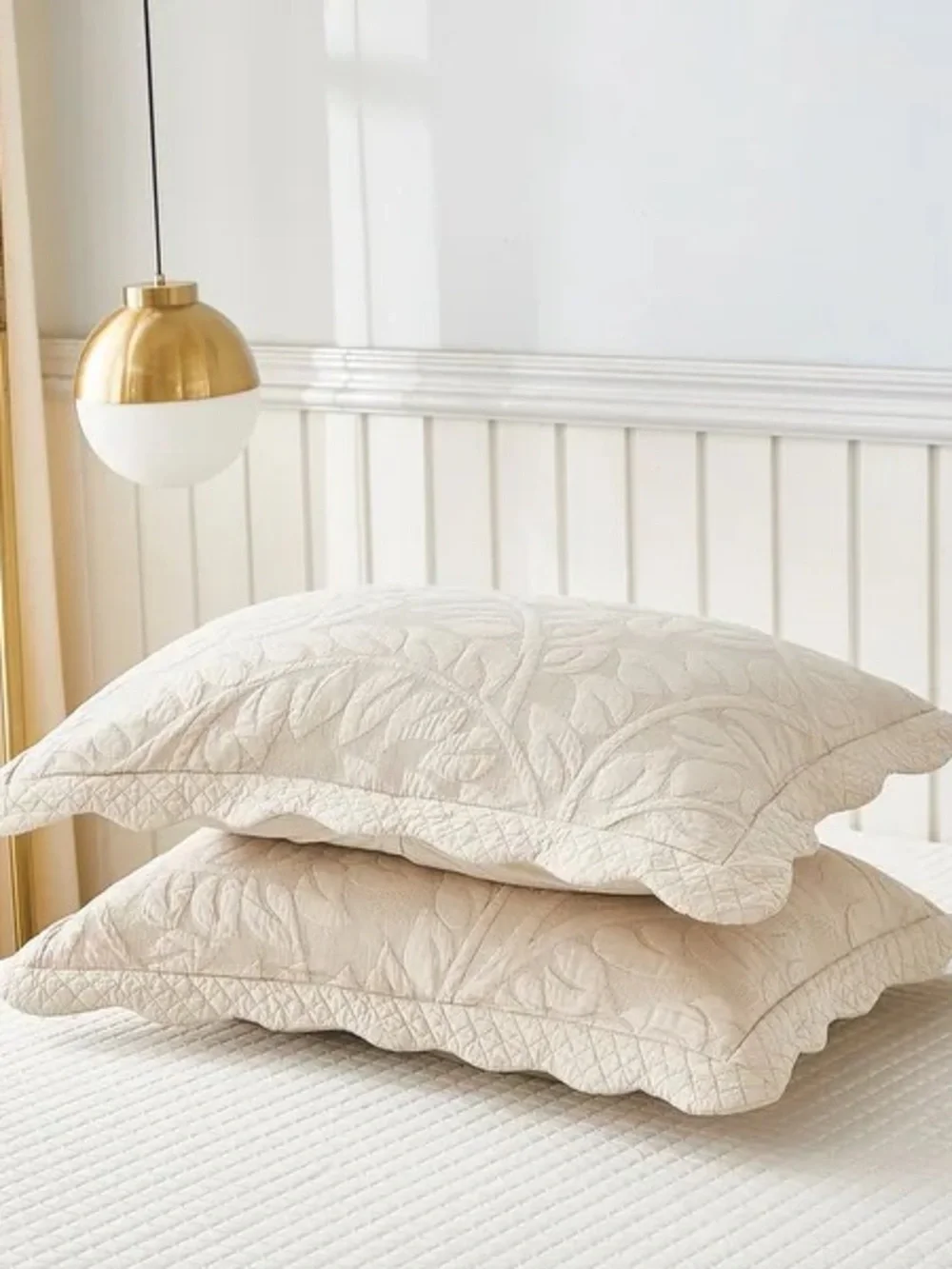Quilted Leaf-Pattern Pillow Shams - Cream